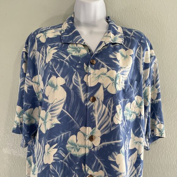 Tommy Bahama Shirt Mens Large Blue White Silk Hawaiian Aloha Button Front Camp - Picture 2 of 6